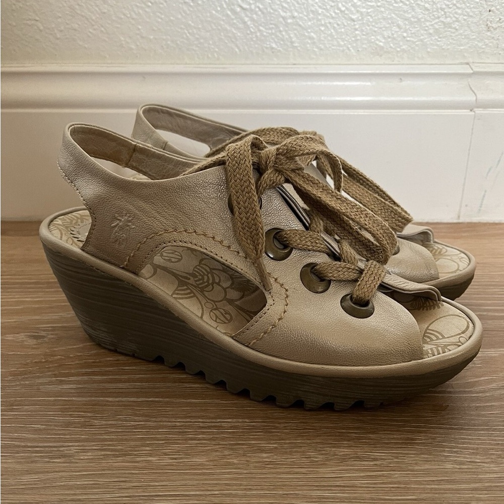 Fly London Beige Wedge Sandals with Lace-Up Detail